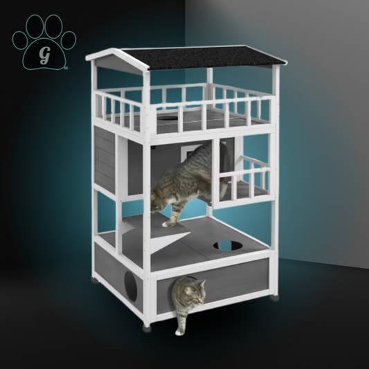 wooden multilevel cat condo in gray
with white