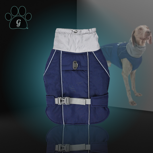 weather resistant dog coat shown in navy blue