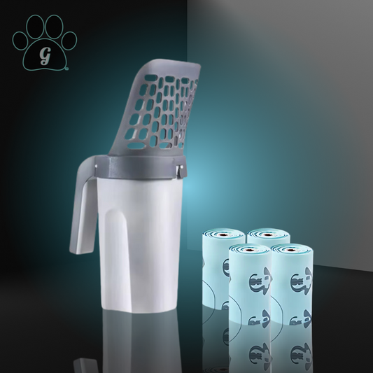 white and gray litter scooper with 4 rolls of blue waste bags