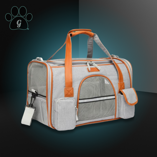 light gray ventilated small pet carrier with handles and shoulder strap