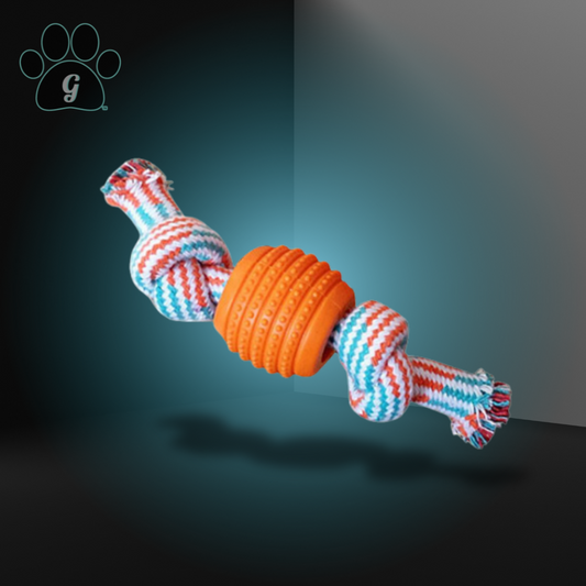 orange textured rope and ball chew toy for dogs