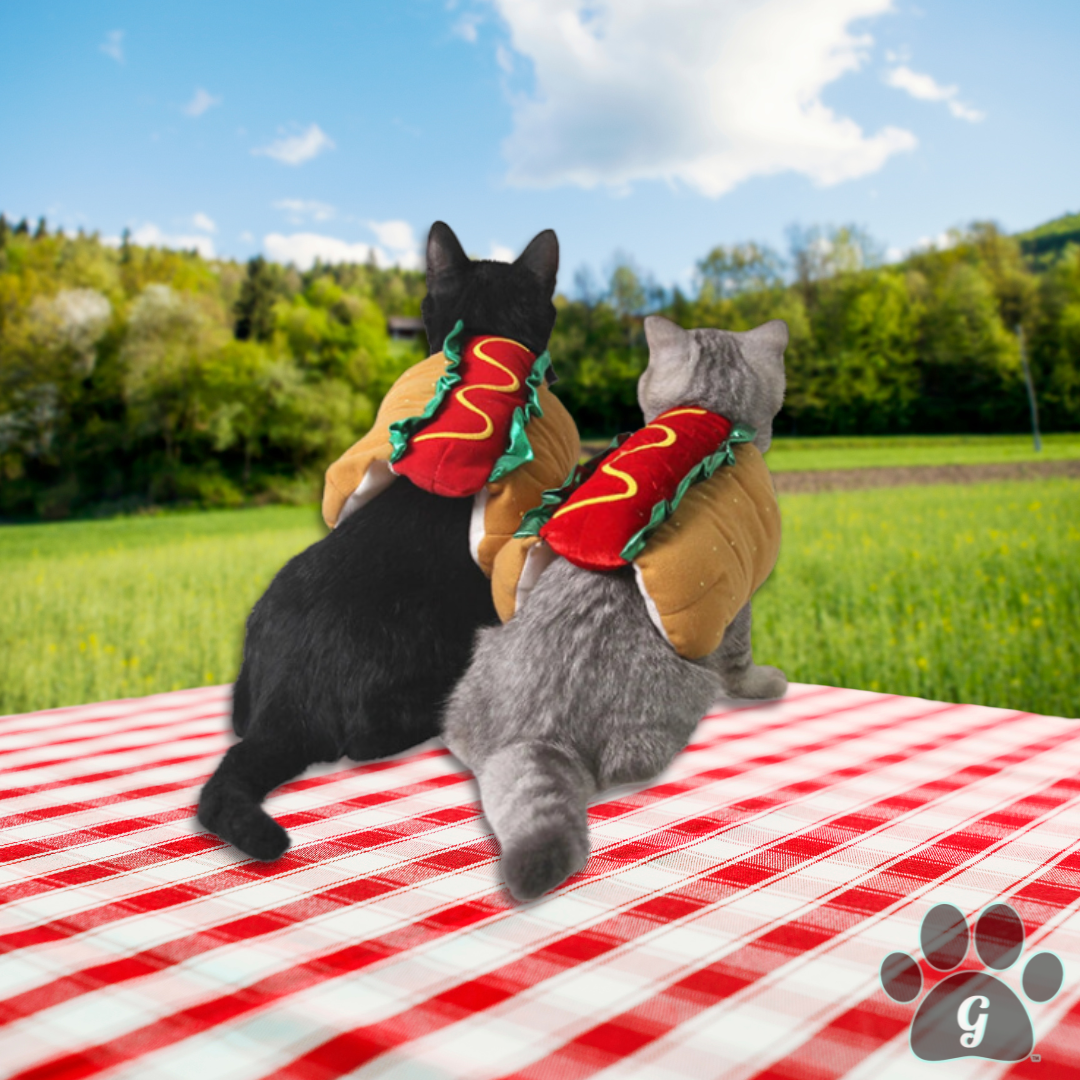 cats wearing hot dog costumes on a picnic blanket