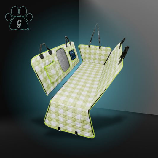 green checkered automotive backseat pet carrier with storage pockets