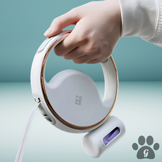 person holding white circular ergonomic retractable dog leash with bag dispenser