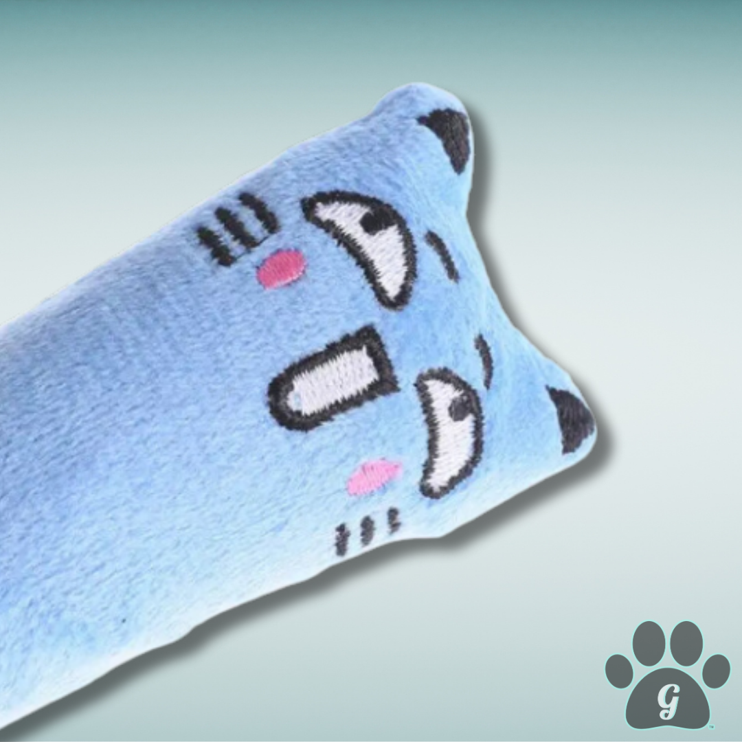 close up of blue plush catmint cat toy