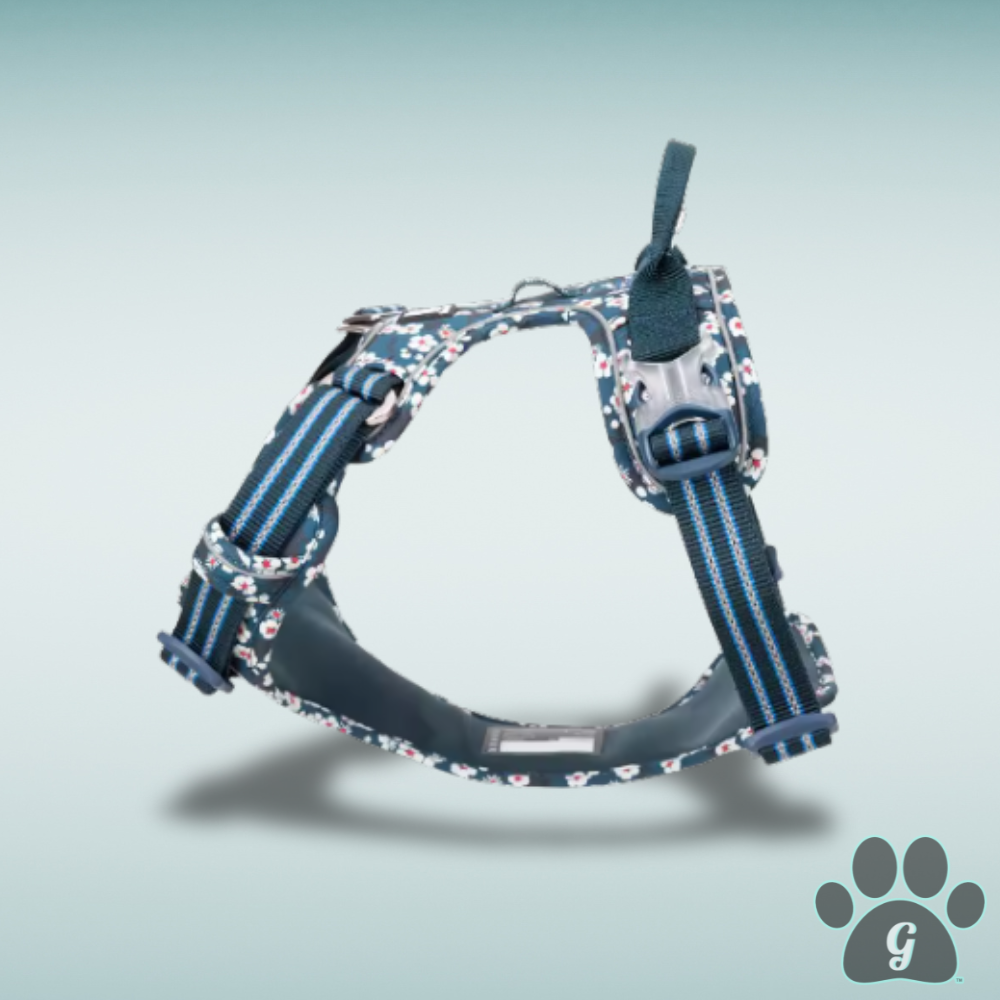 navy blue dog harness with daisy print