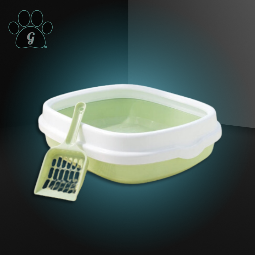 green plastic litter box with scooper