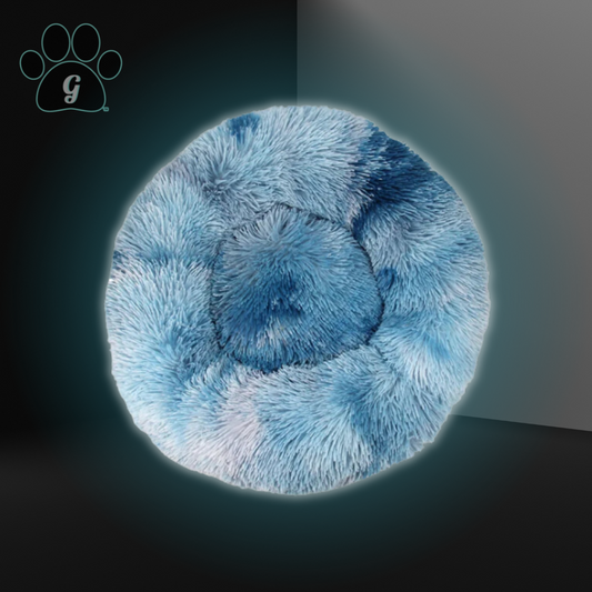 blue and white tie dye plush pet donut bed