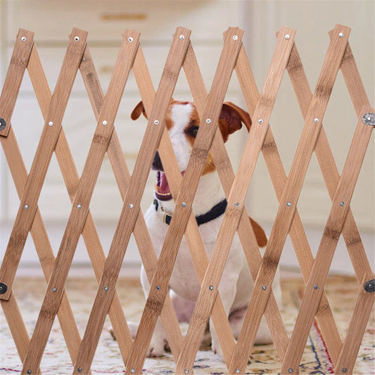 wooden accordion fence with dog behind it