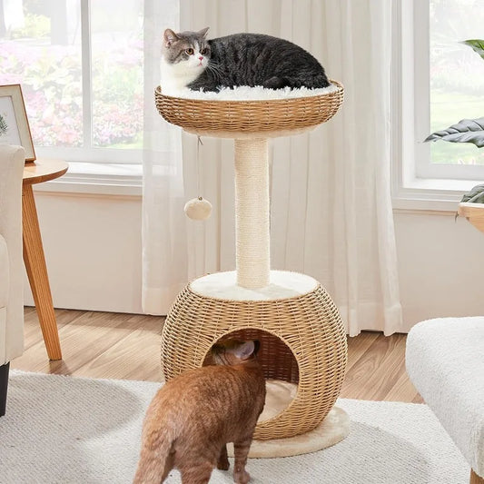 rattan cat tree shown in living room