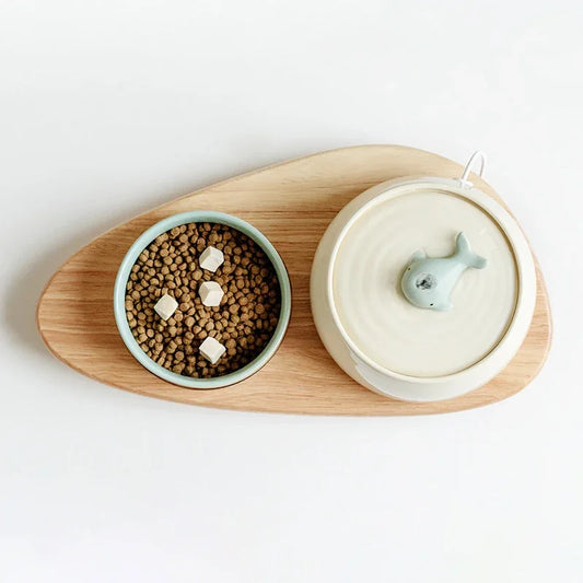 birds eye view of ceramic bowl and fountain set with stand