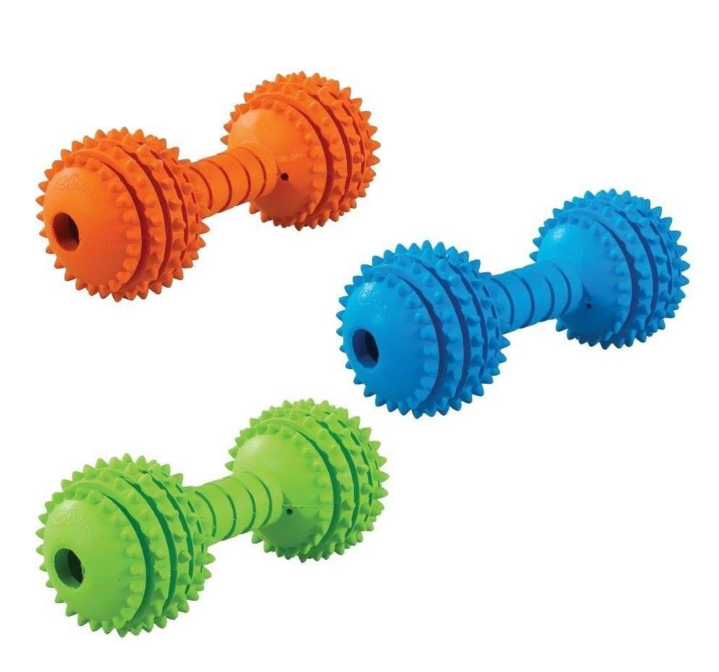 dumbbell shaped dog chew toy in multiple colors