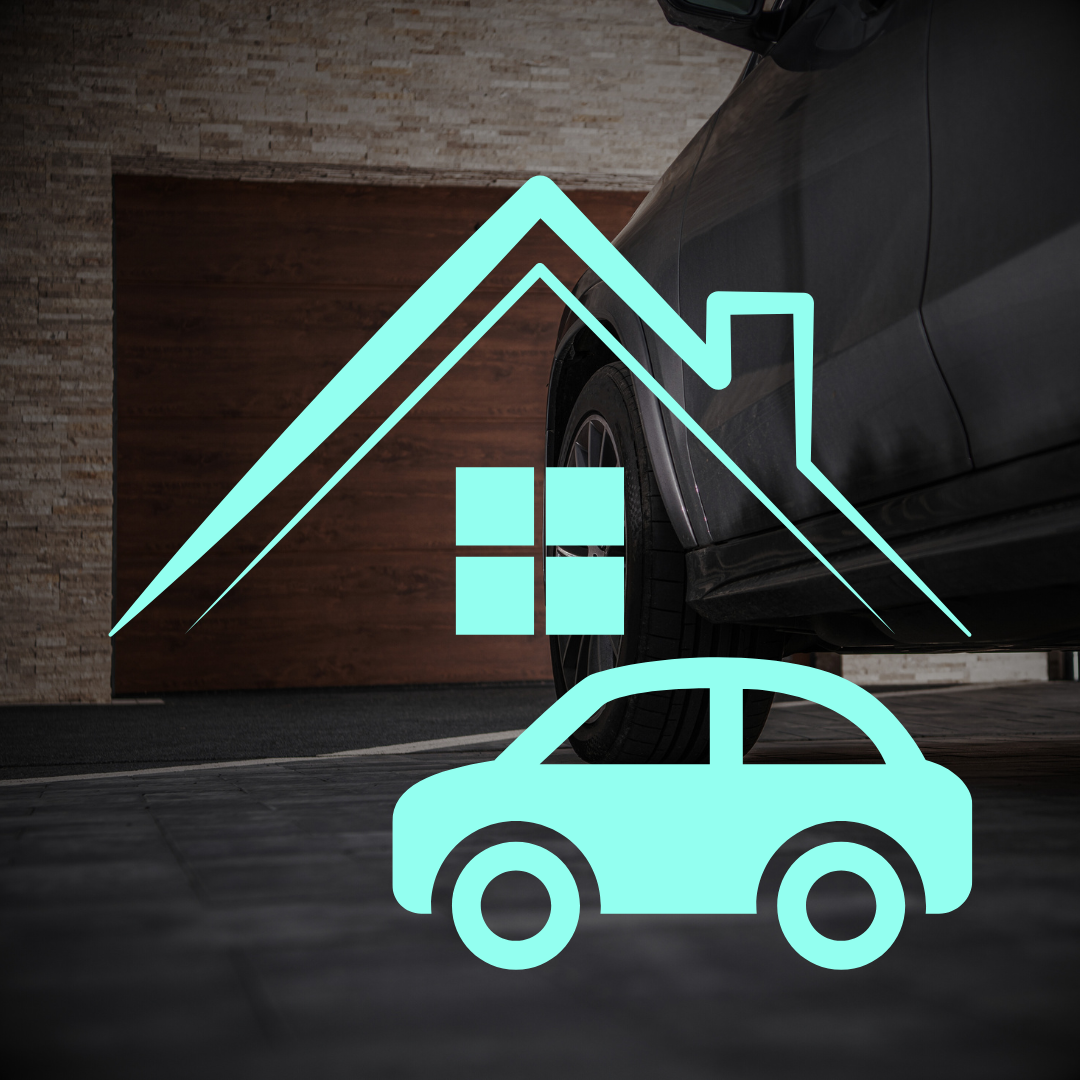 home and auti graphic icons with car in the driveway as a backdrop