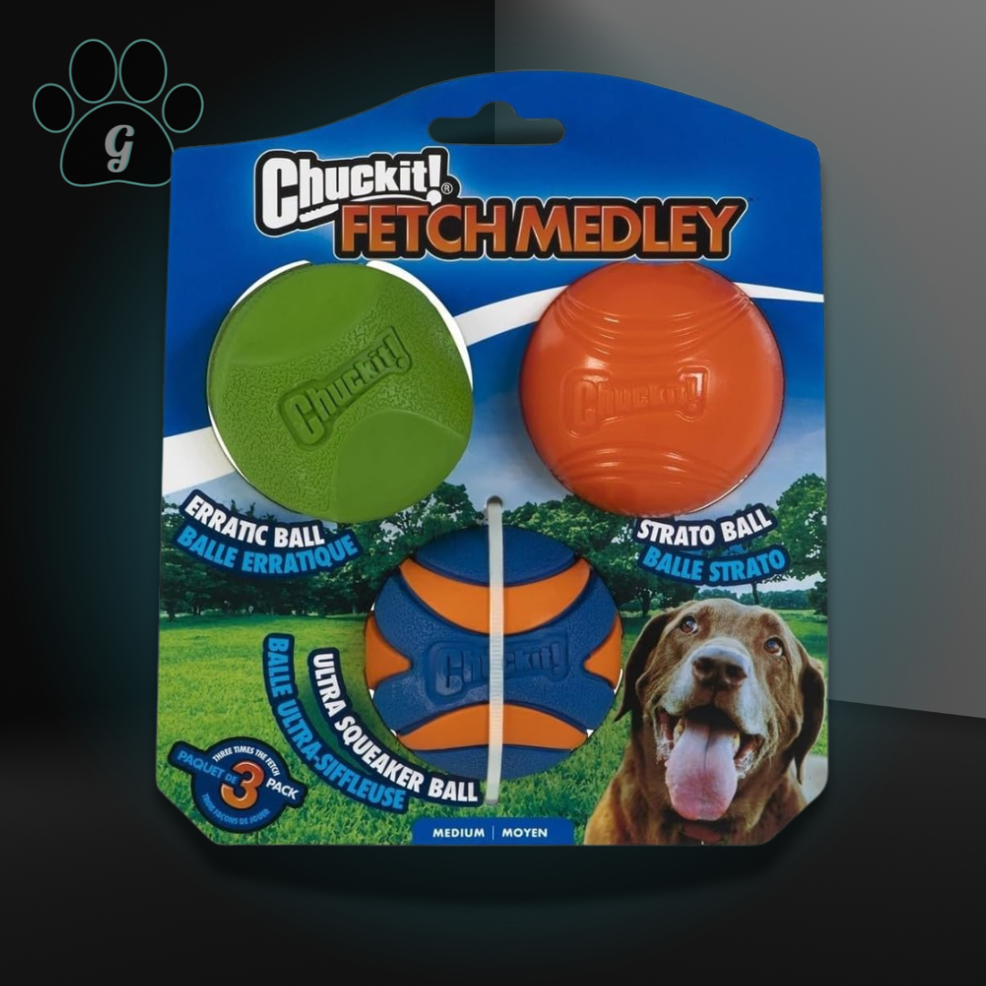 three pack of assorted dog ball toys