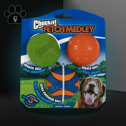 three pack of assorted dog ball toys