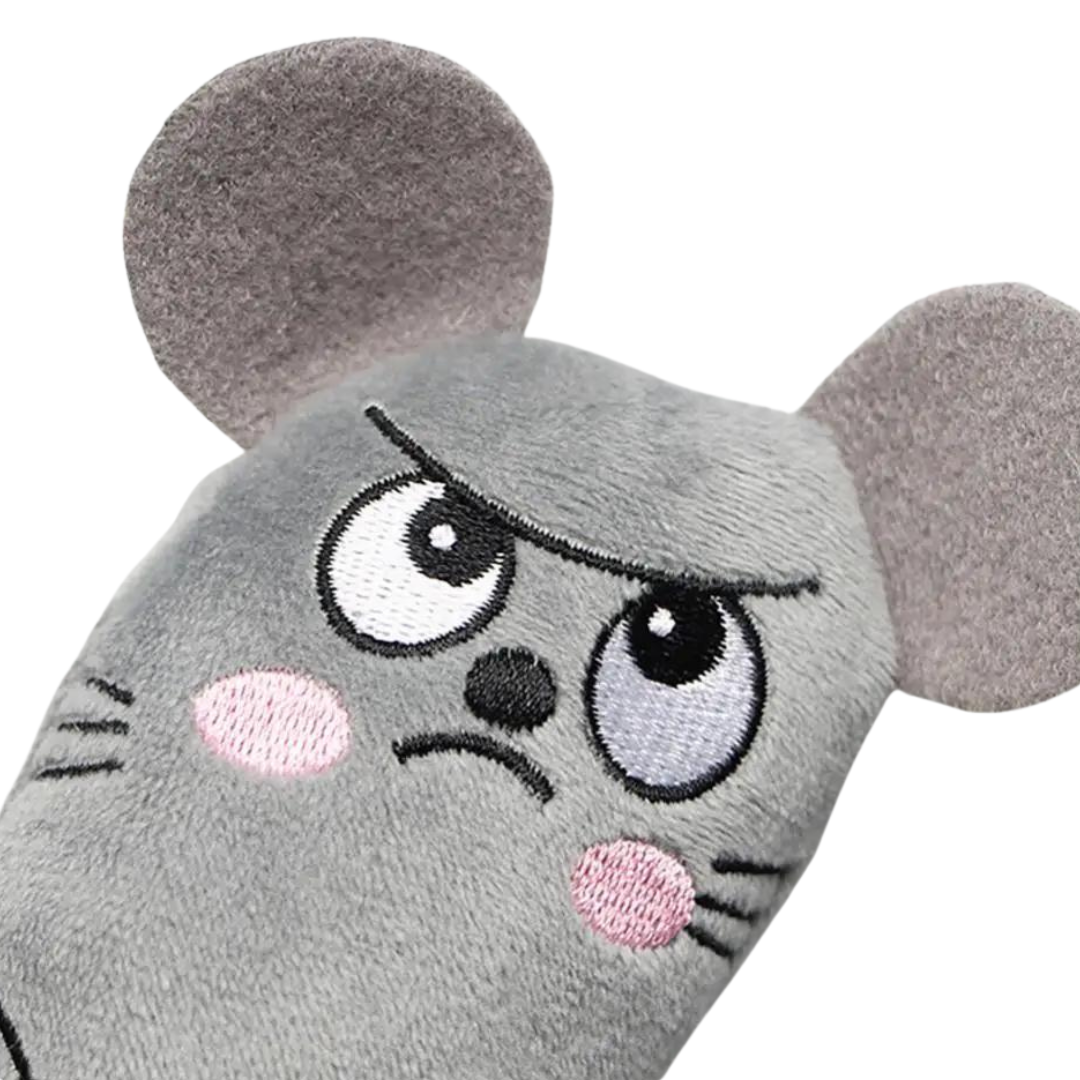 close up of gray plush catmint cat toy