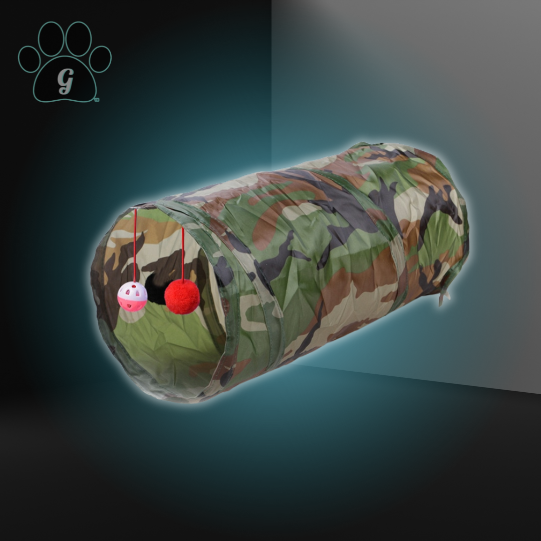 camo print cat tunnel toy with hanging balls