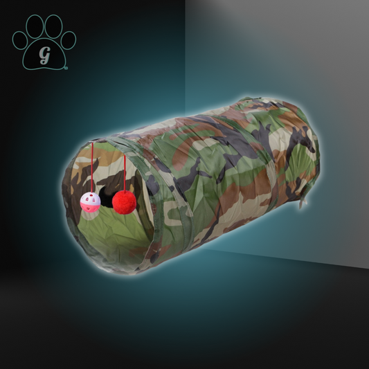 camo print cat tunnel toy with hanging balls