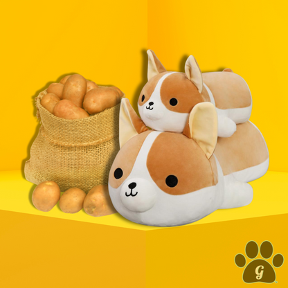 plush corgi stuffed animal toy shown in 2 sizes with potatoes in the background