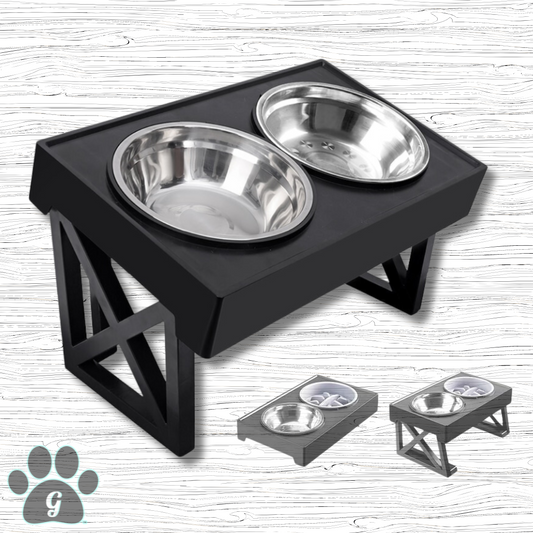 elevated and angled pet feeding set with stainless steel bowls