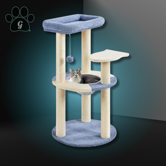 blue plush cat tower with cat in sleeping basket