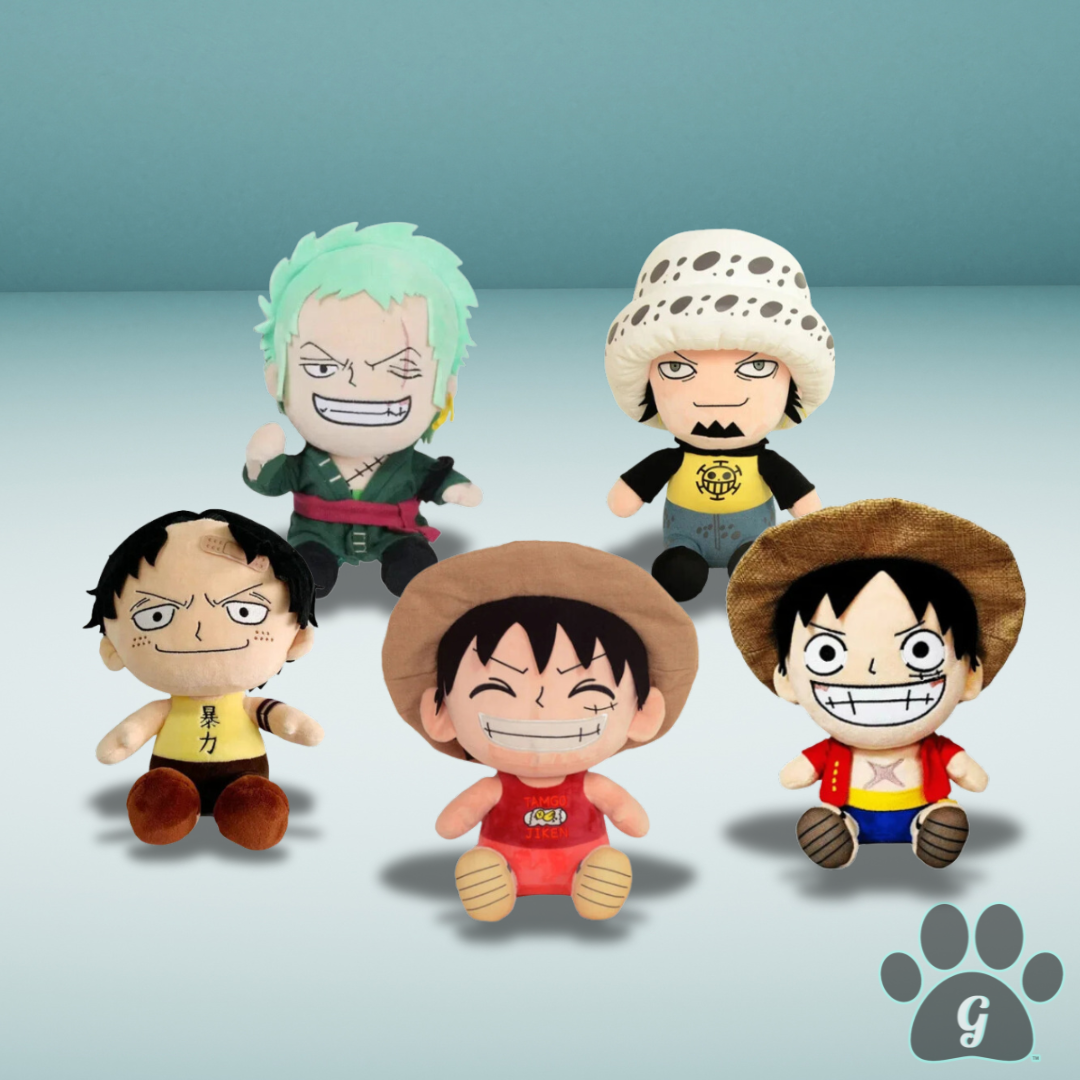Assorted character plush toys from One Piece shown in 5 available styles