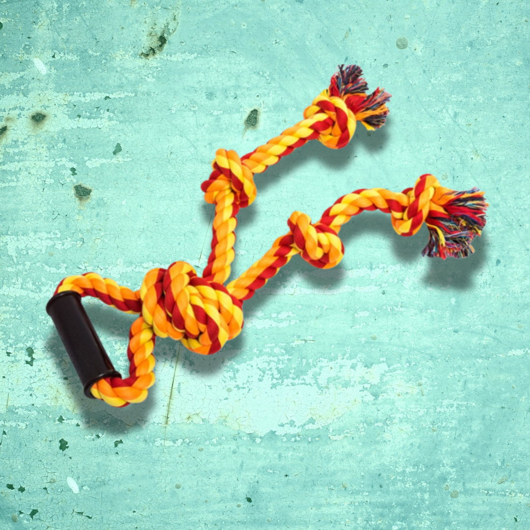 Yellow, orange, and red colored rope toy with 3 knots and a handle.