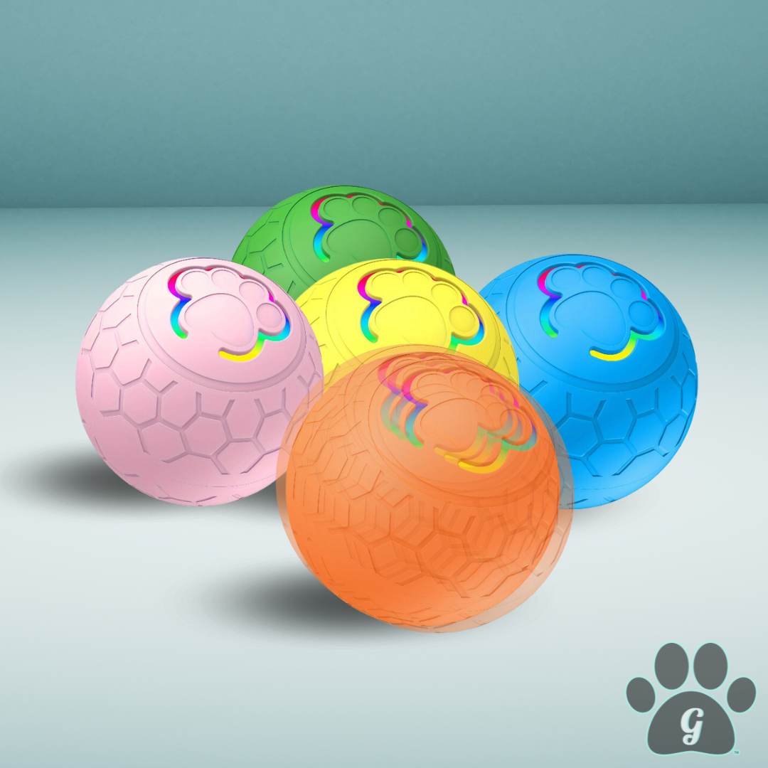 self bouncing and moving interactive dog ball toy shown in 5 available colors