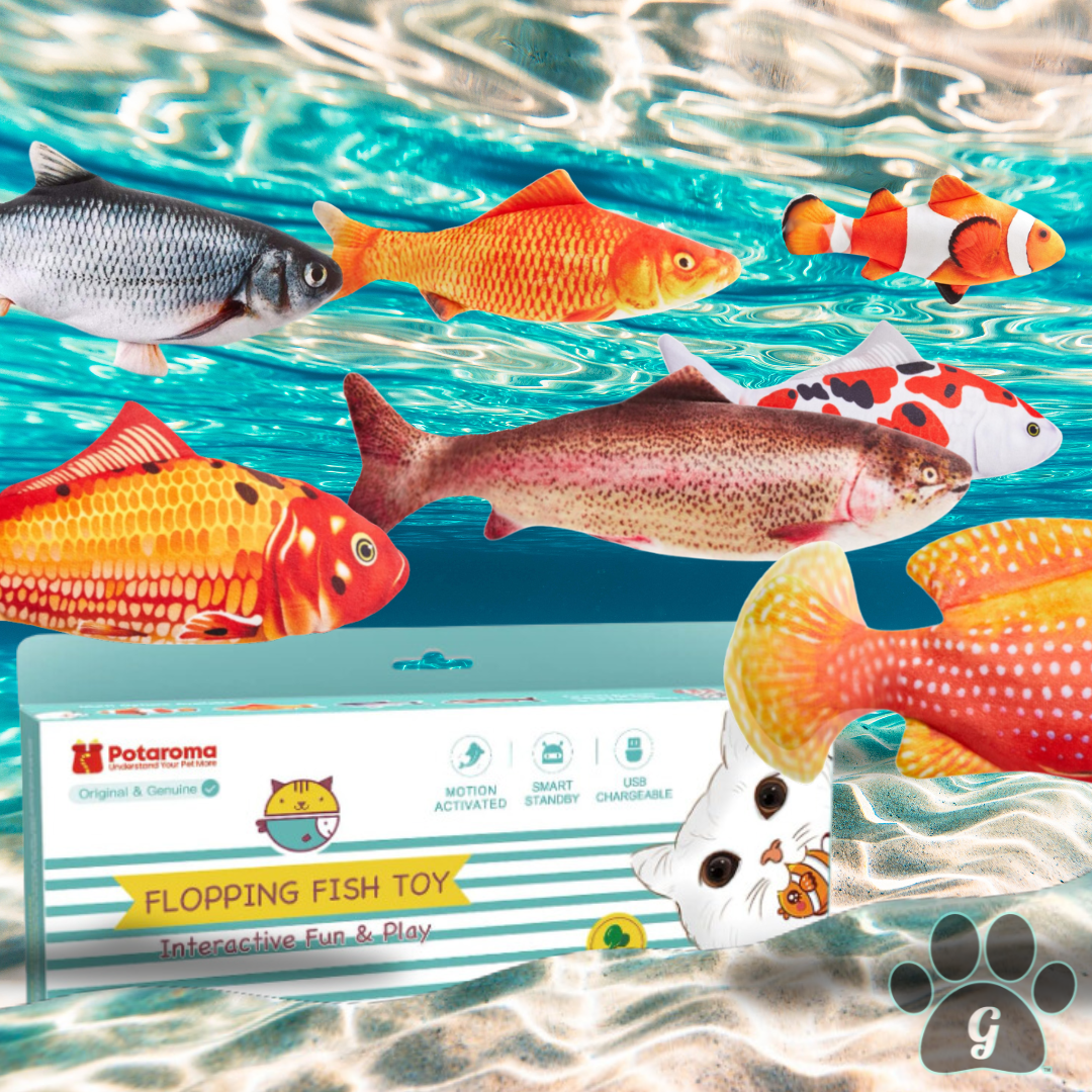 flopping fish interactive cat toy with water habitat background