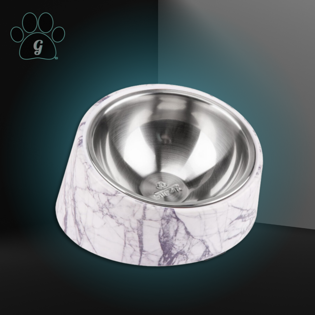 marble print stainless steel angled pet bowl