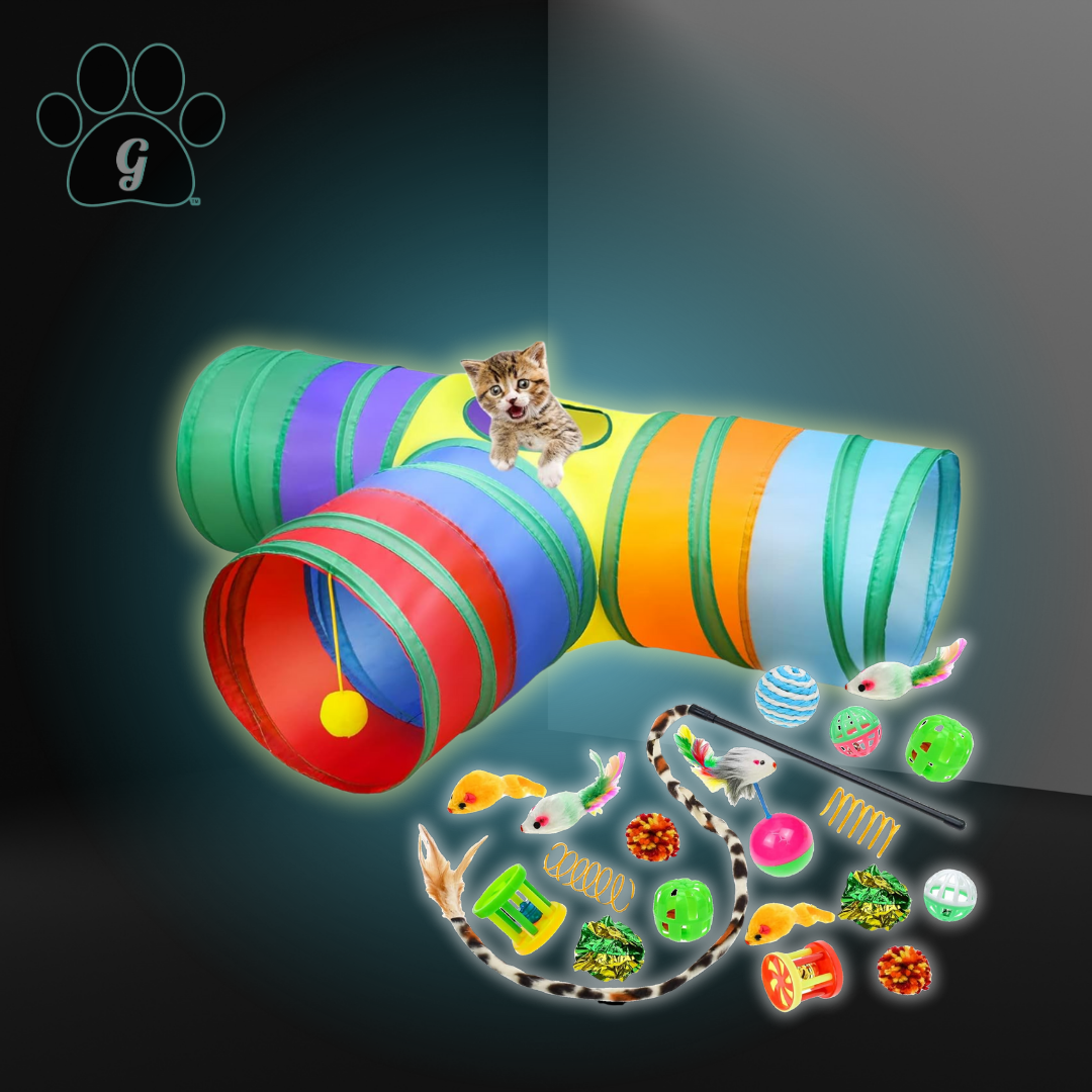 multicolor cat tunnel toy with assorted cat toys