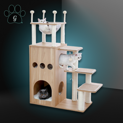 natural wood multilevel cat condo tower with sleeping basket