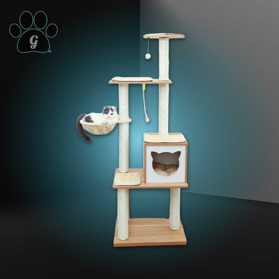 wooden cat condo tower with cat sleeping in basket