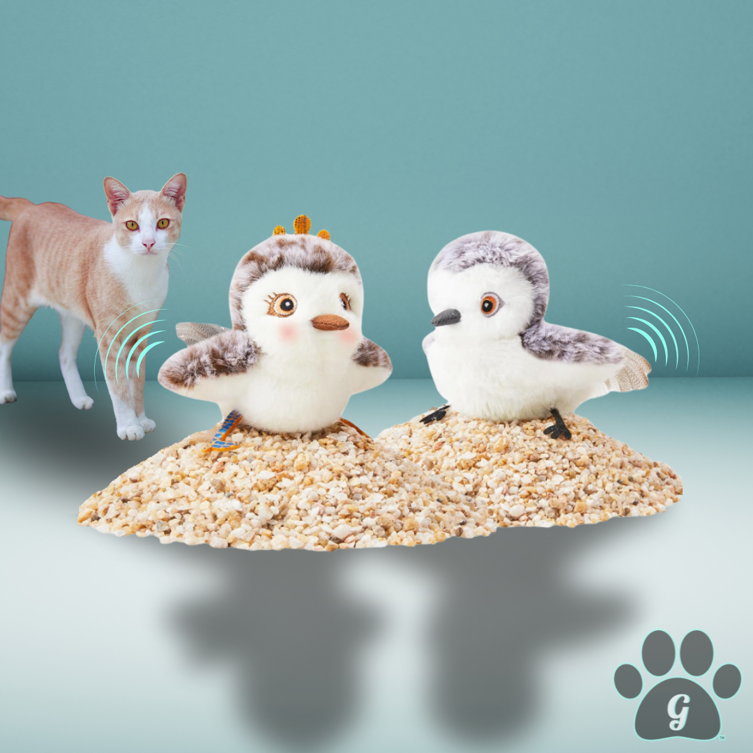 plush bird interactive cat toy shown in 2 available styles