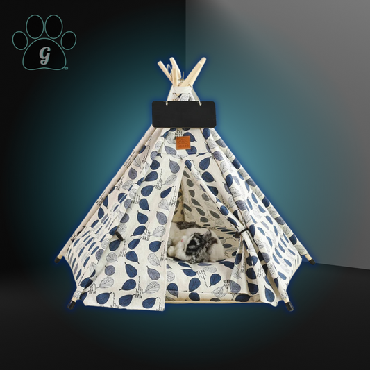 white pet tipi tent with blue leaves