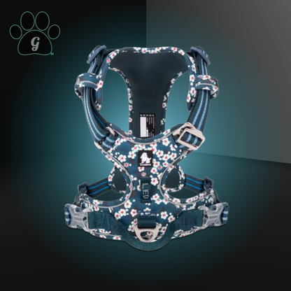 navy blue dog harness with daisy print