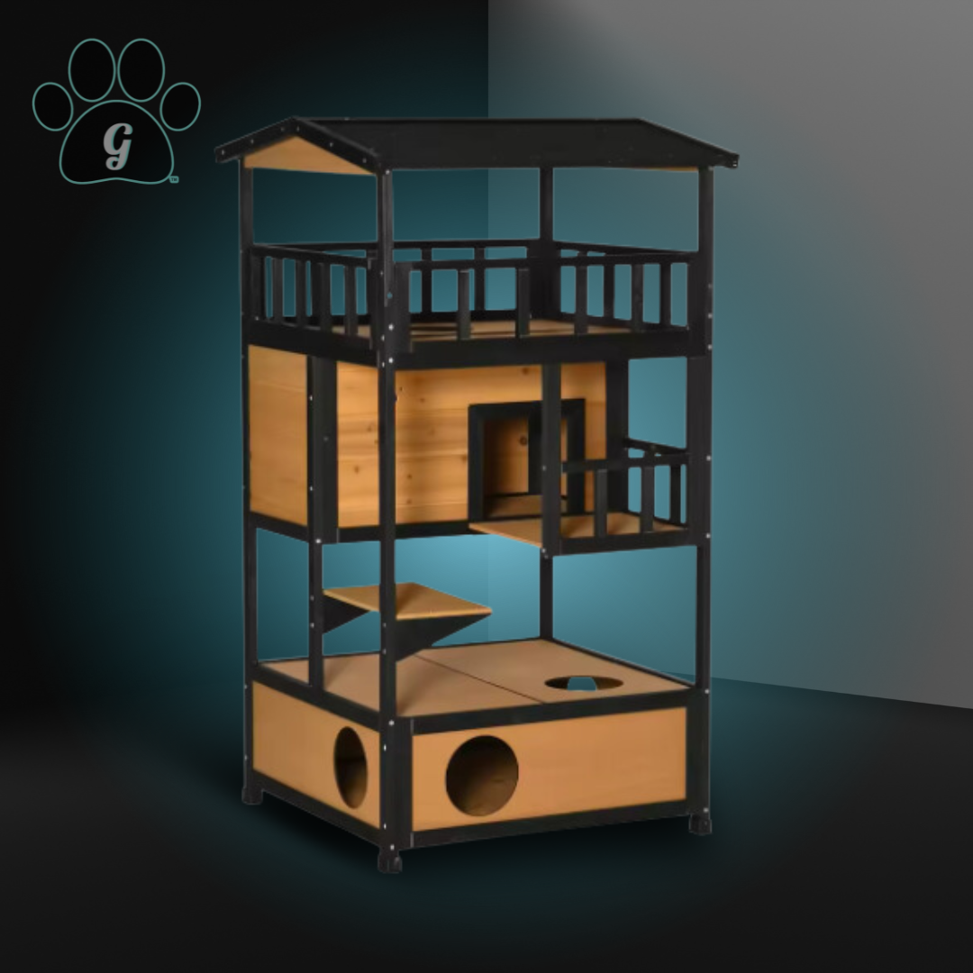 wooden multilevel cat condo in original color with black