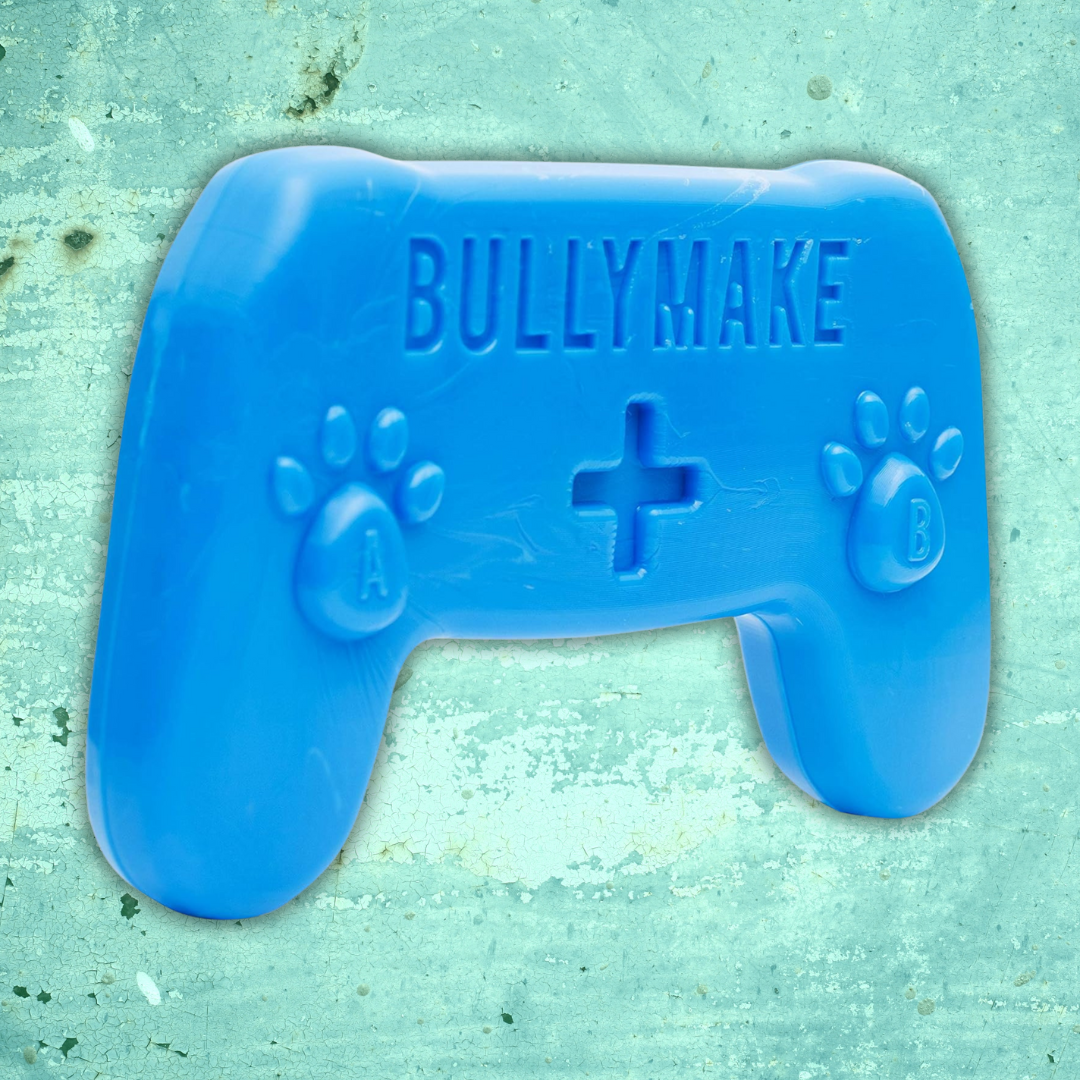 Blue Bullymake nylon controller dog chew toy angled view