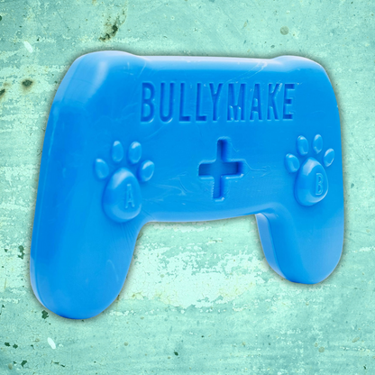 Blue Bullymake nylon controller dog chew toy angled view