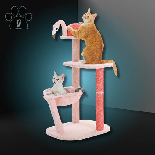 pink flamingo themed cat tree tower with cats resting and playing on it