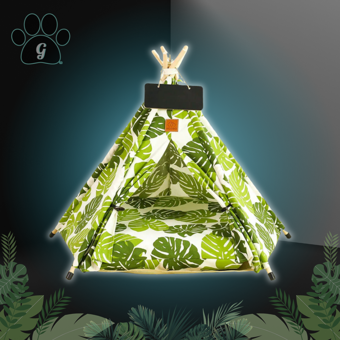 white 5 sided pet tipi tent with green tropical leaves print