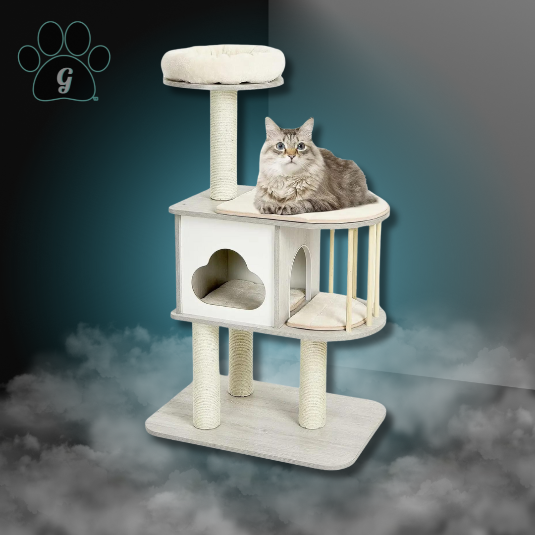 3 level wooden cat condo with cat sitting on perch