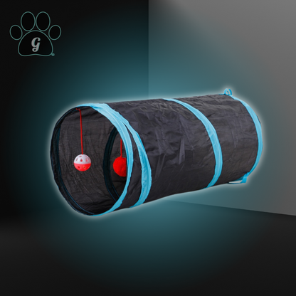 black and blue cat tunnel toy with hanging balls