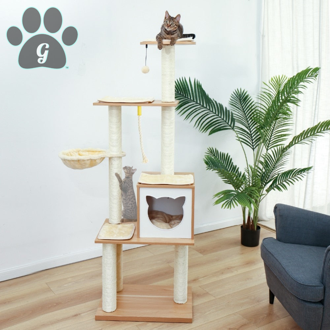 wooden cat condo tower with cat laying on perch or playing with scratcher