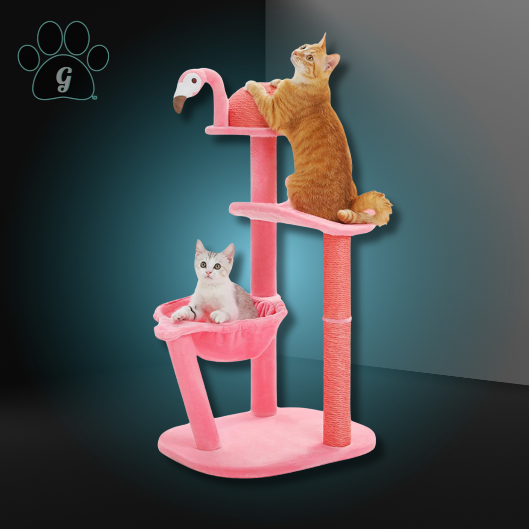 pink flamingo themed cat tree tower with cats playing on it