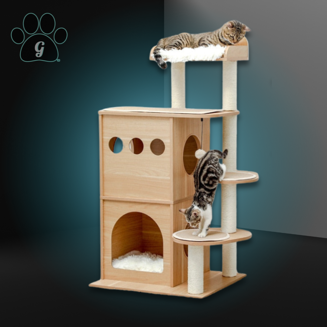 natural wood multilevel cat condo tower with padded perch