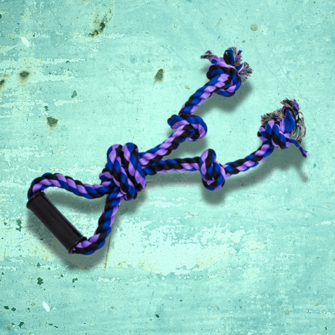 Blue, purple, and black colored rope toy with 3 knots and a handle.