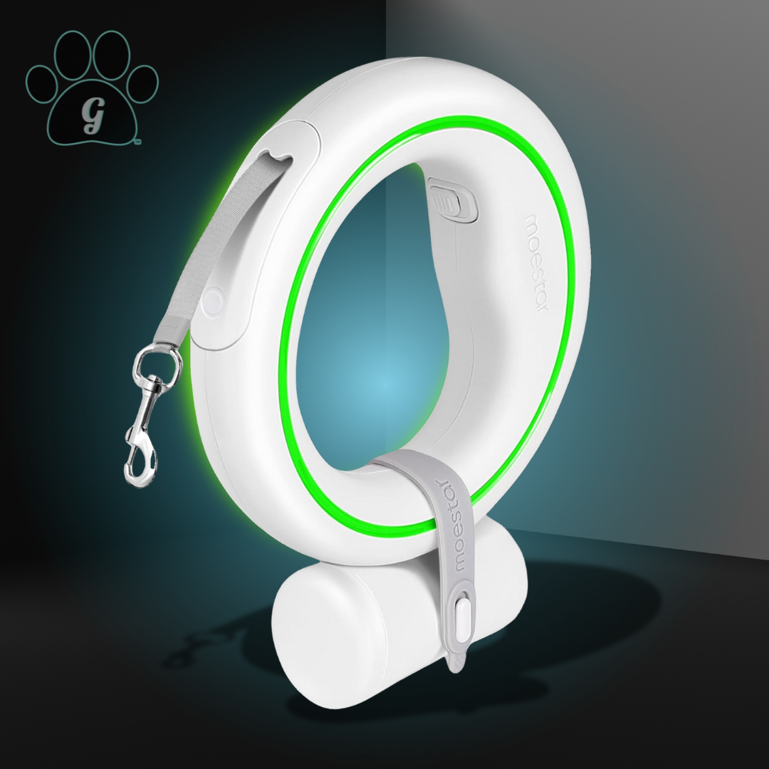 white circular retractable leash with attached bag dispenser and green LED light