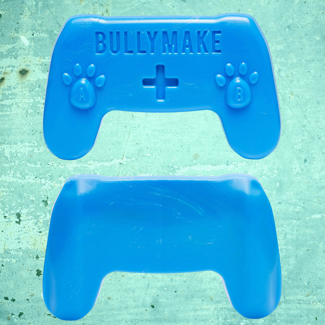 Blue Bullymake nylon controller dog chew toy front and back view