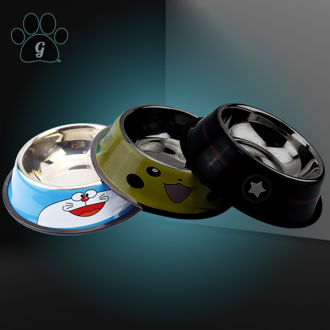 JIREN Cartoon Print Stainless Steel Pet Food Bowl